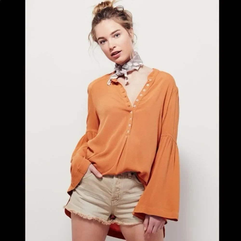 Free People Bell-Sleeve Button V-Neck Tunic in Rust Orange very Oversized Fit